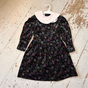 Vintage Polly Flinders Floral Print Velveteen Puff Sleeves Dress